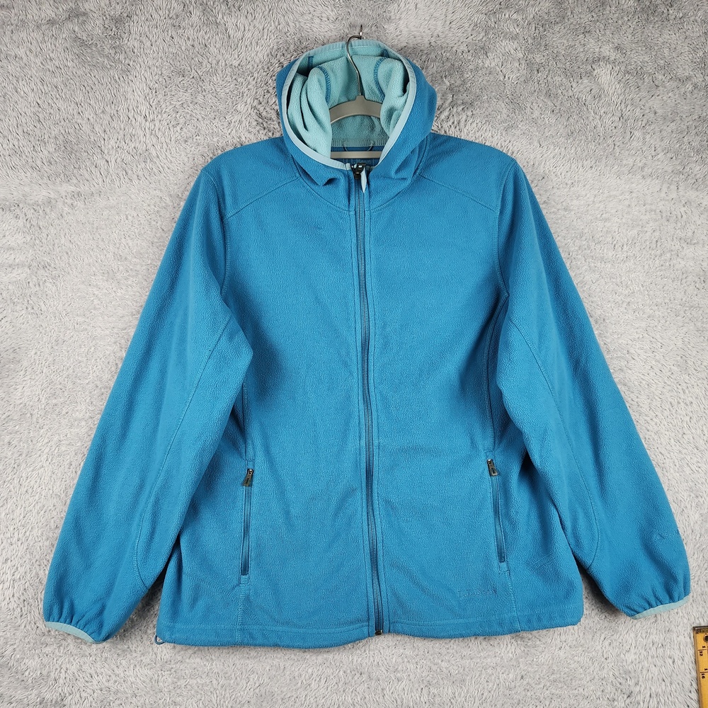 LL Bean Jacket Womens Large Blue Polartec Fleece Hooded Full Zip Outdoor Hiking